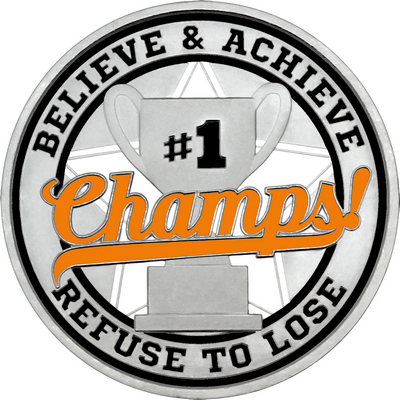Orange "Champs!" with Black Outer Circular Borders